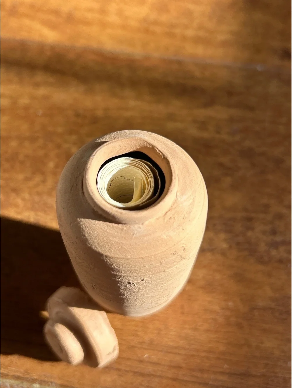 Small Handmade Terracotta Scroll Container with Paper Scroll